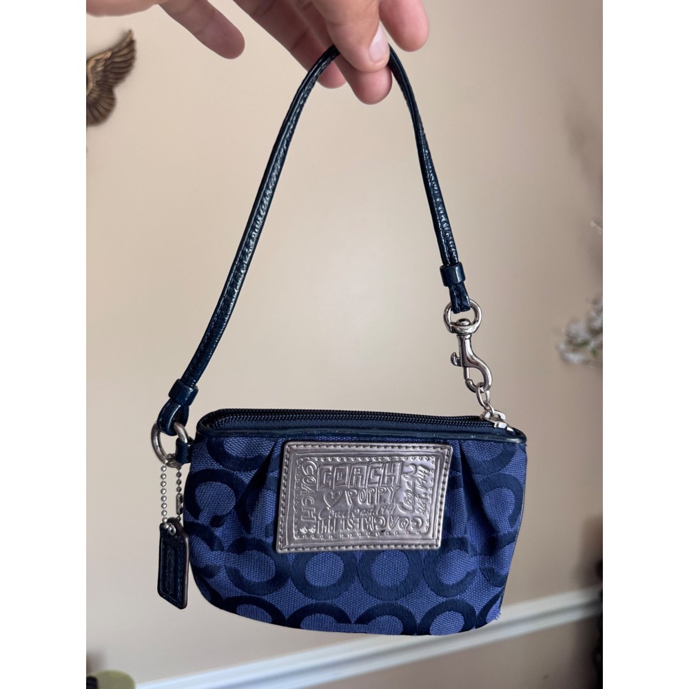 Coach Poppy Navy Blue Signature C Jacquard Wristlet Silver Logo Patch Pouch
